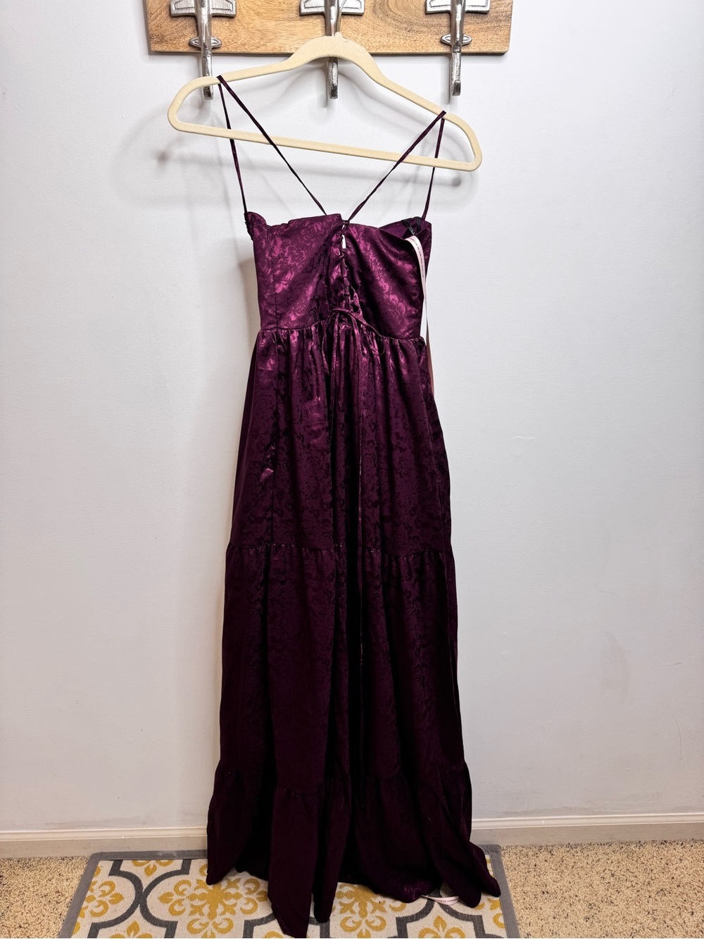 Vasilia Plum Purple Satin Jacquard Tiered Corset Maxi Dress - Picture 4 of 9